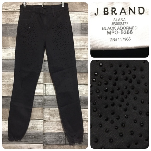 J Brand Alana Studded High Rise Skinny Jeans 26 (Inseam 27.5) Black Raw Hem - Picture 1 of 12
